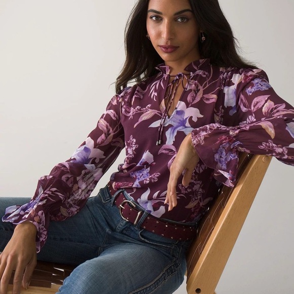 WHITE HOUSE BLACKMARKET Long Sleeve Tie Neck Printed Blouse burgundy Size M - Picture 3 of 9